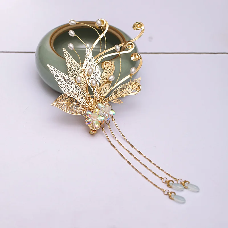 Gold Color Metal Flower Leaf Hairpins Hair Clips Long Tassel Ancient Chinese Hairgrips Bride Noiva Wedding Hair Accessories