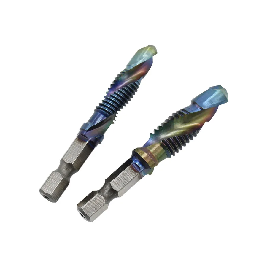 Three-in-one Spiral Drill Hole Tapping Chamfering High Speed Steel Blue Tap Drill Bit M3 M4 M5 M6 M8 M10 Hex Shank Compound Taps