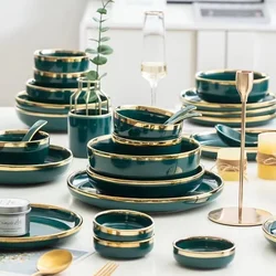 Gilt Rim Green Ceramic Plate Steak Food Plate Tableware Bowl Ins Dinner Dish High End Porcelain Dinnerware Set For Family Hotel