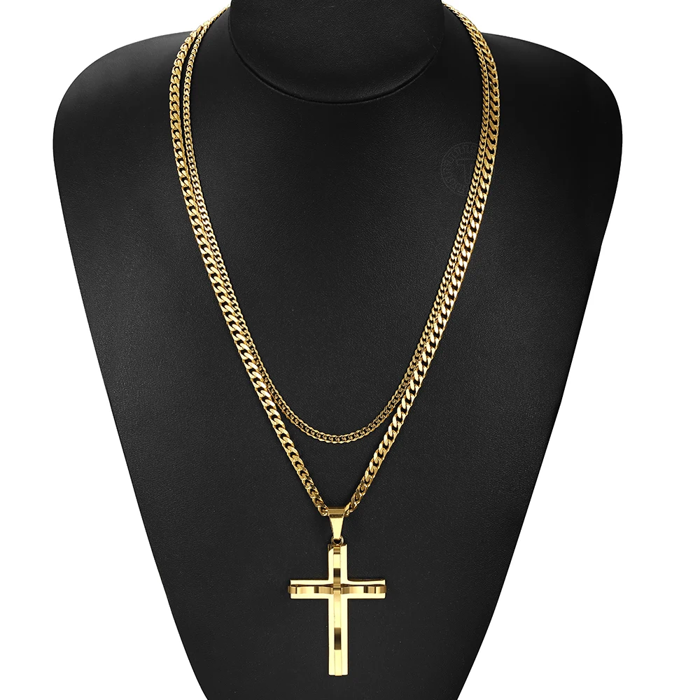 Gold Color Double Chains Cross Pendant Neckalce for Men Women Box Curb Cuban Necklace Stainless Steel Link Jewelry DKP602KN195