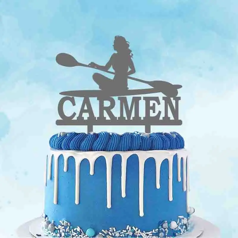 Personalized Rowing Cake Topper Custom Name Woman Kayaking Silhouette Cake Topper For Rowing Club Party Cake Decoration YC296