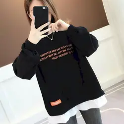 2024 New Spring Autumn Pullover Women's Thin Loose Korean Style Fake Two-piece Blouse Clothes Letter Printing Sweatshirt Women