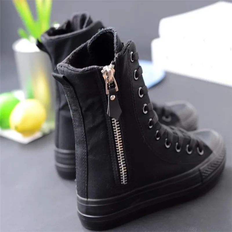 Women Sneakers High Top Flat Canvas Shoes With Zip Side Canvas Shoes Flat Woman Platform Leisure boots