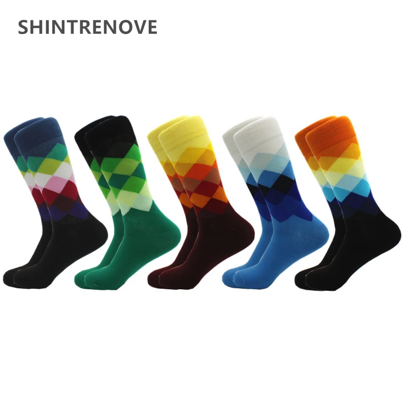 5 Pairs/Lot Men Funny Socks Colorful Happy Casual Dress Fashion Socks Classic Diamond Hip Hop Combed Cotton Compression Socks