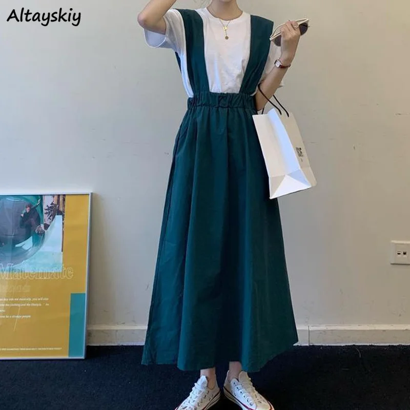 Women Sleeveless Dresses Draped Elastic Waist Fashion Elegant All-match Ulzzang Solid A-line Lovely Students Bandage Chic Casual