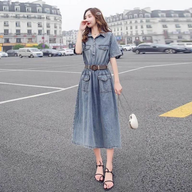 Dress Denim 2022 Summer New Womens Elegant Korean Style Turn-Down Collar Concise Short Sleeve Fashion Solid Female Casual Dress