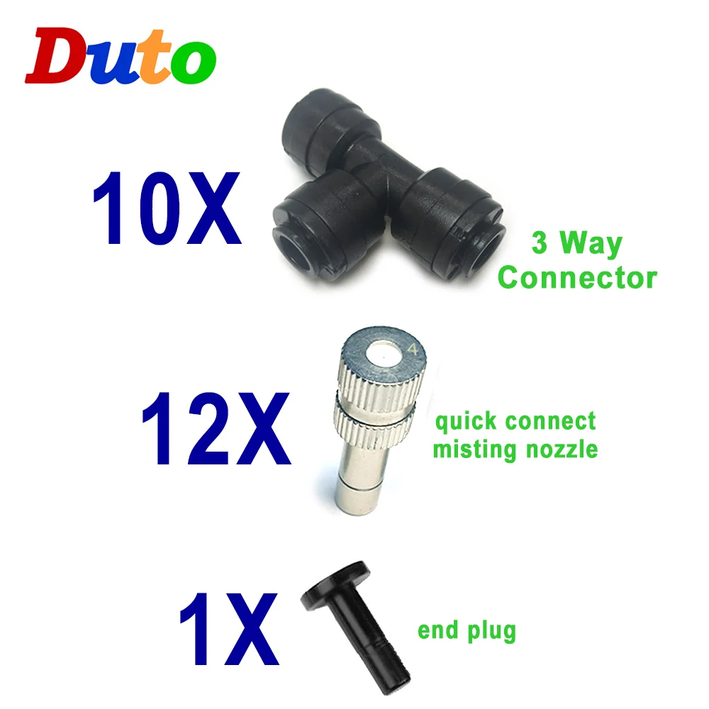 

DIY misting kits 12pcs quick connector nozzle kits 10pcs 3way-connector 1pcs end plug for misting cooling system