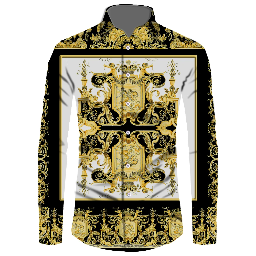 Direct Deal 2021 New Casual Blouse Baroque Banquet Tops Black Gold Men Shirt Fashion Luxury Male Long Sleeve Print Tees