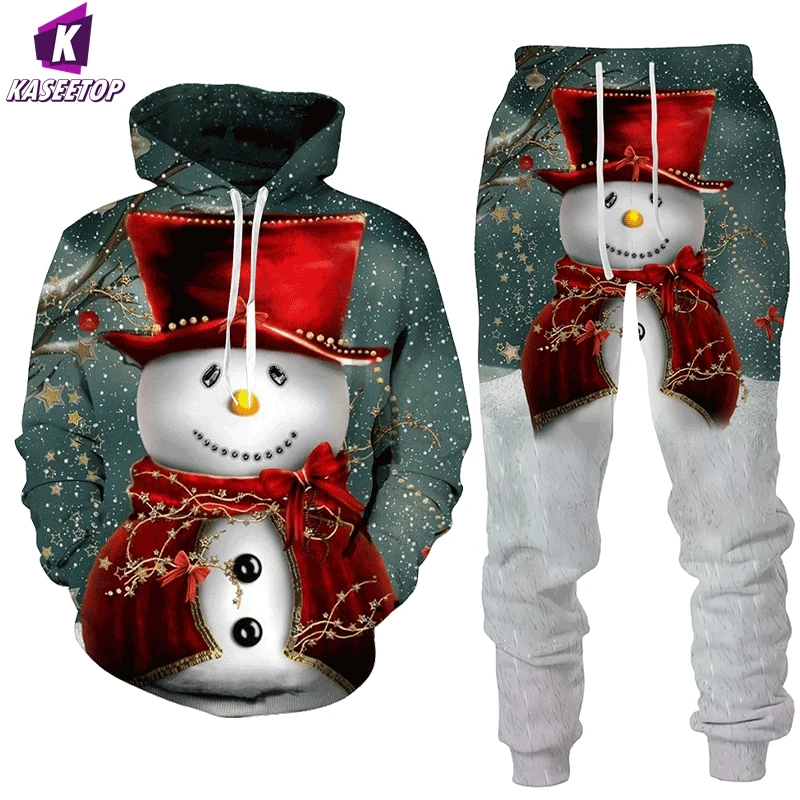 New Fashion Men Women Christmas Print Hoodie Suits Autumn And Winter Long Sleeve Pullover + Pants Loose Hooded Sweatshirt Set