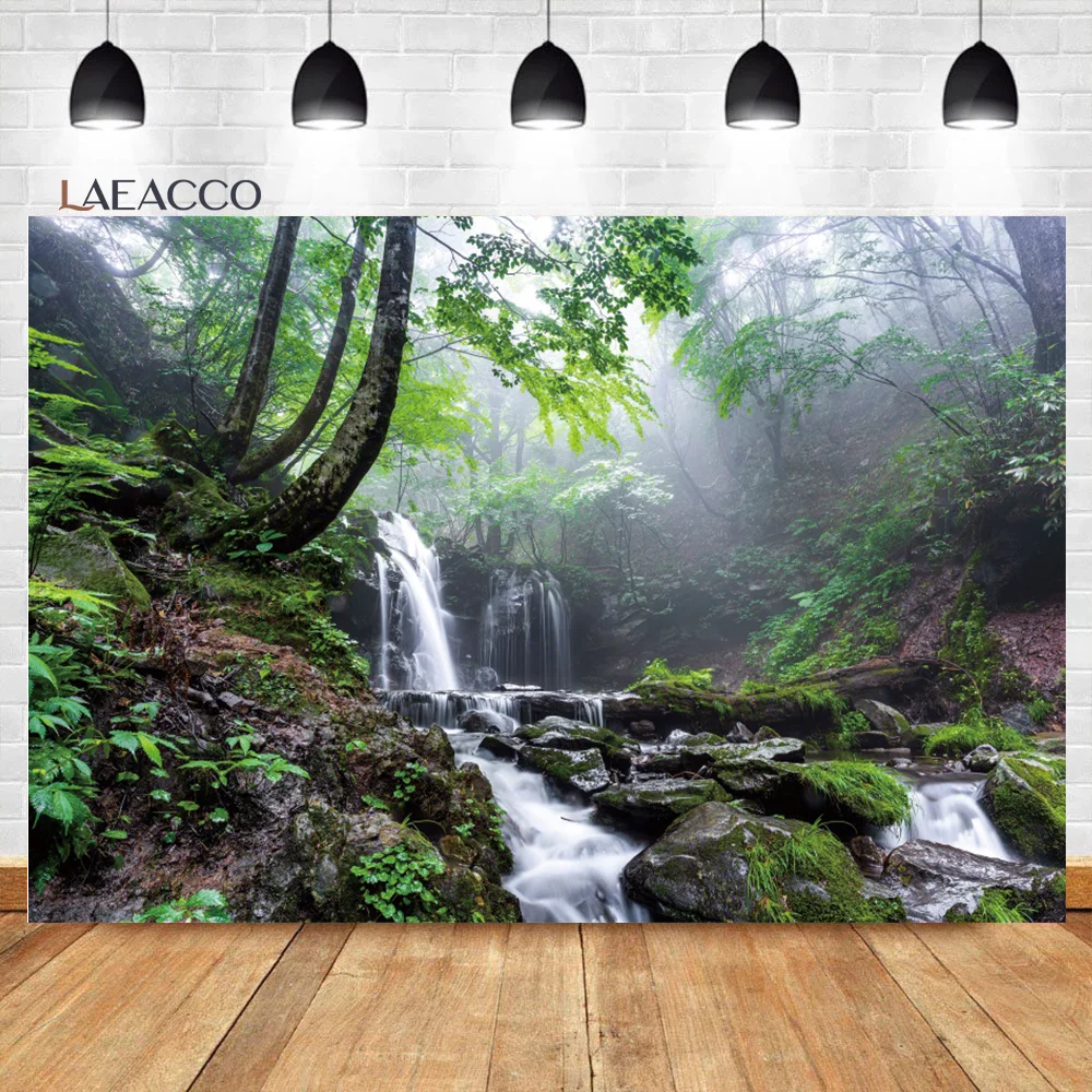 Laeacco Jungle Waterfall Natural Landscape Backdrop Forest Mountains River Room Decor Photography Backgrounds Photoshoot Props