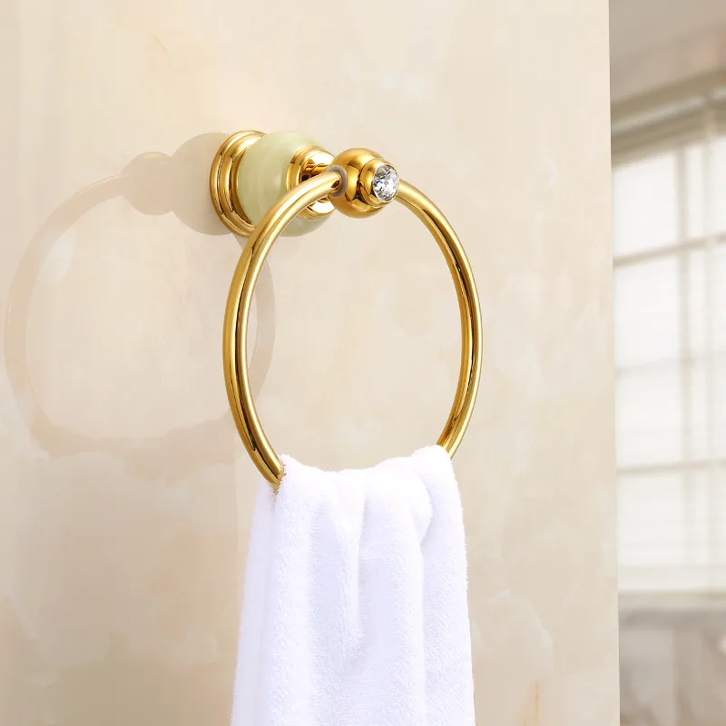 

Gold Copper Bathroom Towel Ring and Rack, Soild Brass, Bath Hardware Shelf, Jade Base, Nail Punched, Wall Mounted, Round Type