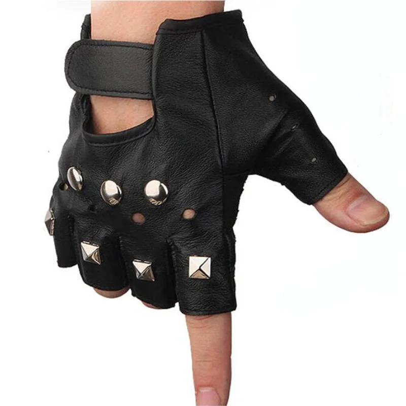 Men Women Half Finger Dance Performance Pu Leather Gloves Punk Hip Hop Rivet Breakdancing Non Slip Cycling Driving Mittens D10