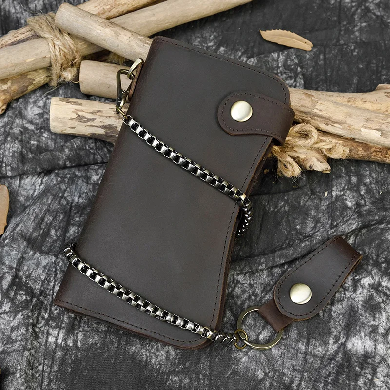 Men's Vintage Crazy Horse Leather Chain Wallet Genuine Leather Bifold Long Wallet Snap Card Holder Purse Zipper Coin Rfid Pocket