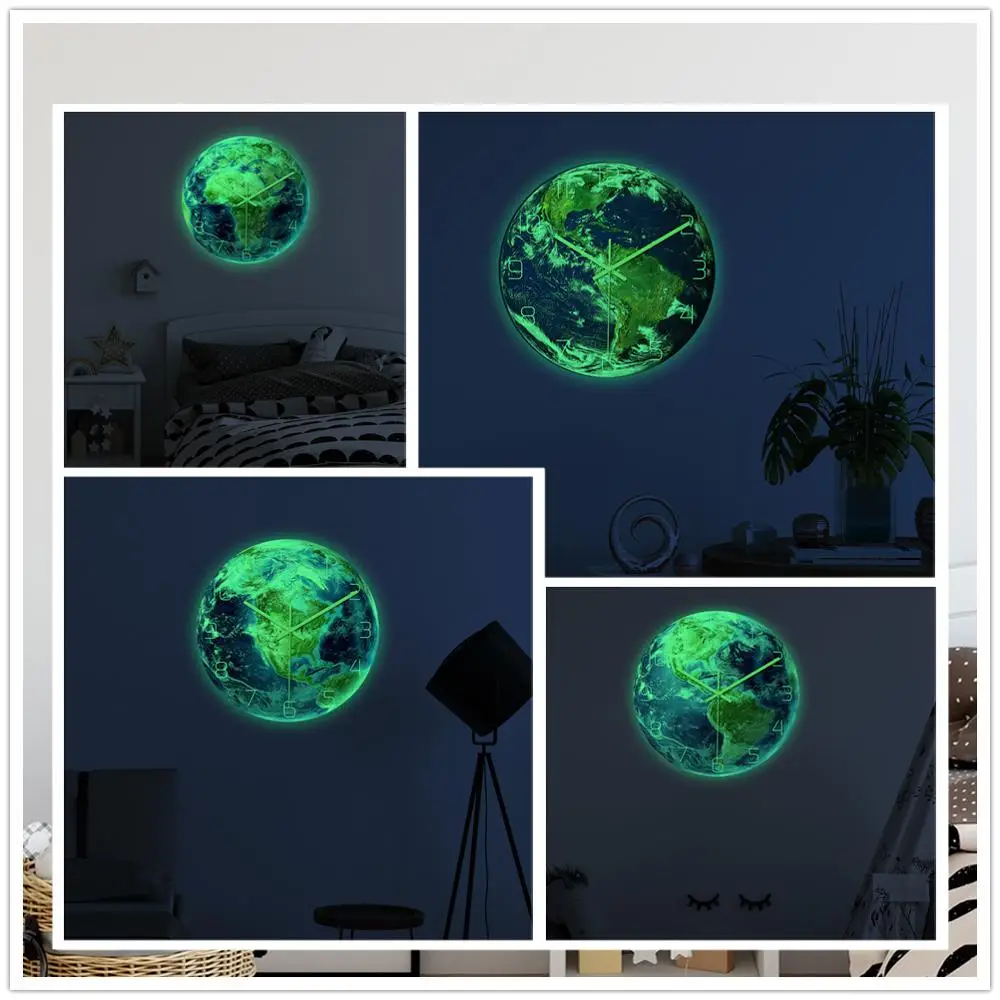 8d,Night Glowing Earth Clock Wall in Dark Fluorescent Luminous Needle Art, Kids Room Decoration, Living Room, Home Decor