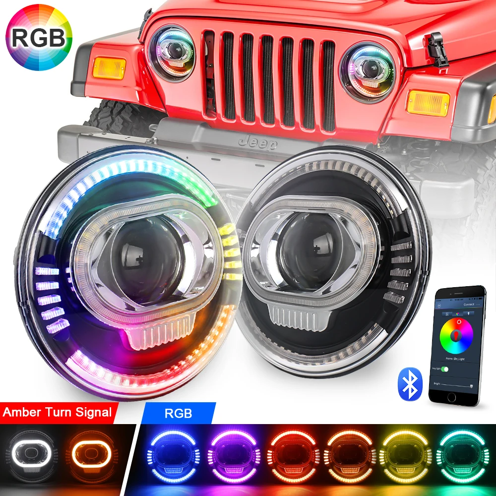 50W 12V 7 Inch LED Round Headlights RGB Halo High Low Beam Led Lamp Amber Turn Single For Jeep Wrangler Jk