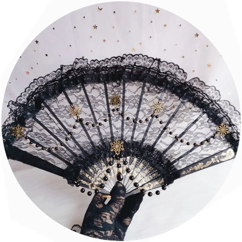 

Lolita Goddess KC Sun Hand Fan Gothic Angel Wing Feather Rose Bead Chain Lace Flower Black Folding Fan Dance Wedding Decoration