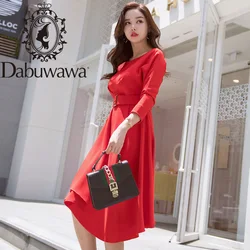 Dabuwawa Elegant Red Asymmetrical Hem Long Dress Women O-Neck Sashes Long Sleeve Solid Fit and Flare Dress Ladies D18CDR032