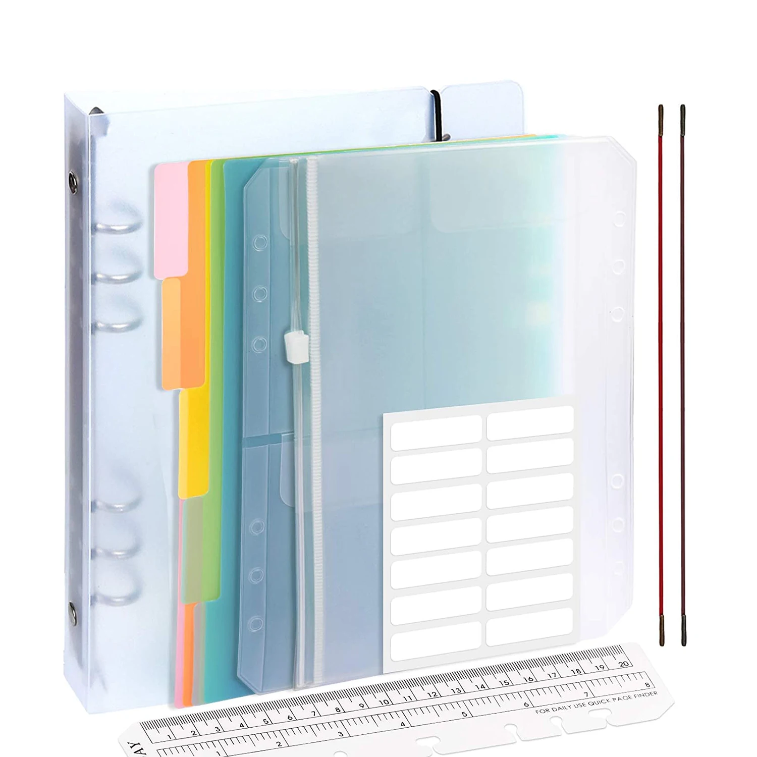 10Pcs A5 Round Ring Binder Cover Planner Set PVC Notebook Protector + Subject Dividers + 2 Pcs Binder Pockets + Ruler + Labels