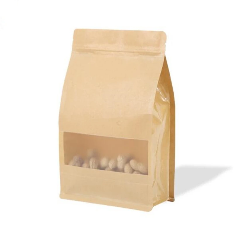 500Pcs/Lot Reusable Kraft Paper Pouches with Window Ziplock Bulk Food Stand Up Bag Gift Packaging Bag for Dry Goods Wholesale