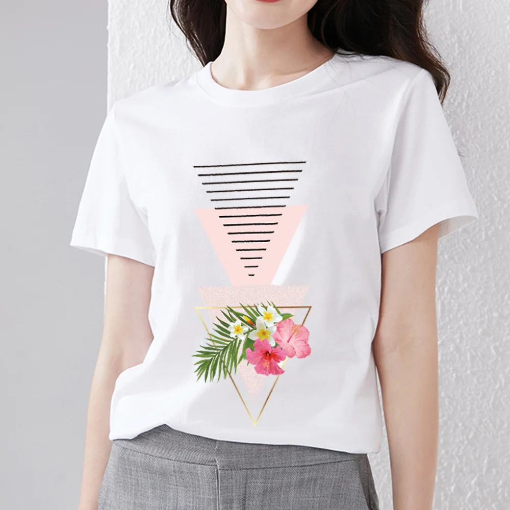 Women's T-shirt Sweet Slim Top Basic Women's Design Geometric Triangle Pattern Printing O-Neck Casual All-match Commuter Top