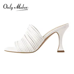 Onlymaker Women White  Peep Toe Mules Slip On Thin High Sandals Big Size Sandals