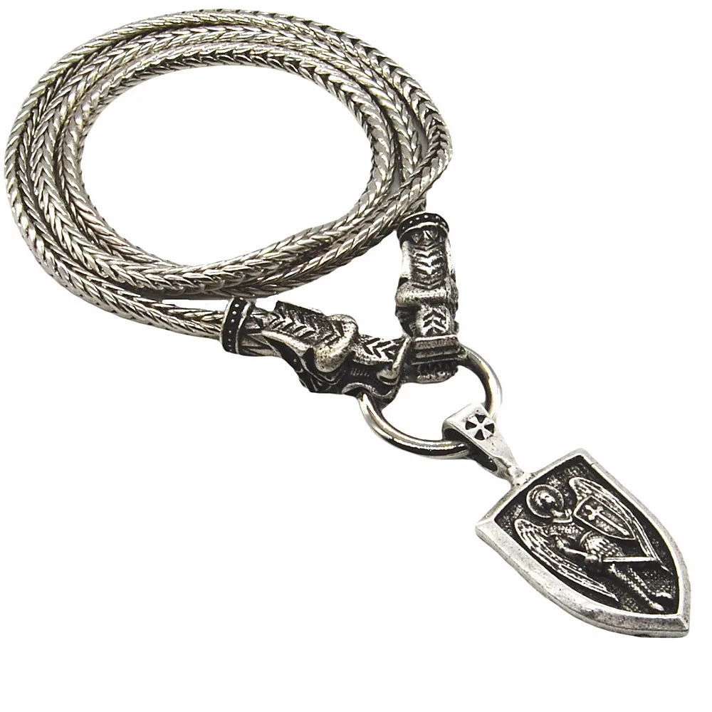 Nostalgia Archangel Michael Protect Us Saint Shield Pendant Wolf Head Amulet Talisman Metal Chain Viking Necklace Accessoires