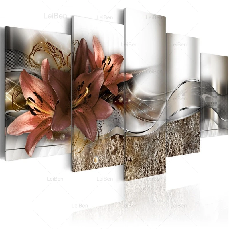 Modern Painting Canvas 5 Pieces Wall Art Abstract Decor Lily Flowers Modular Pictures for Living Room Bedroom Prints