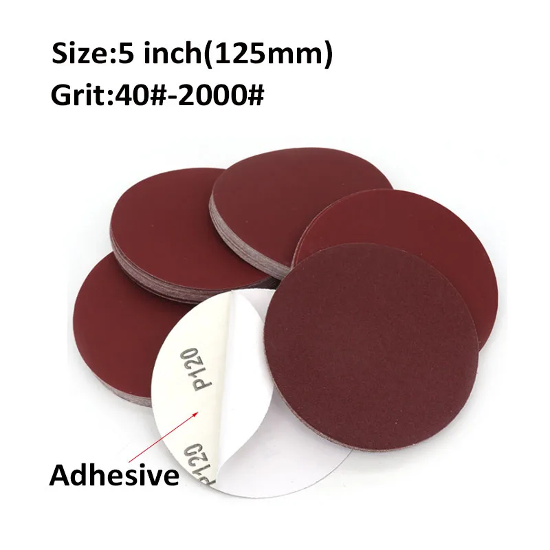 5 Inch 125mm Back Glue Sticker Sandpaper Dry Abrasive Red Sanding Disc For Wood Floor Metal 40 60 80 100 120 150 180-2000 Grit