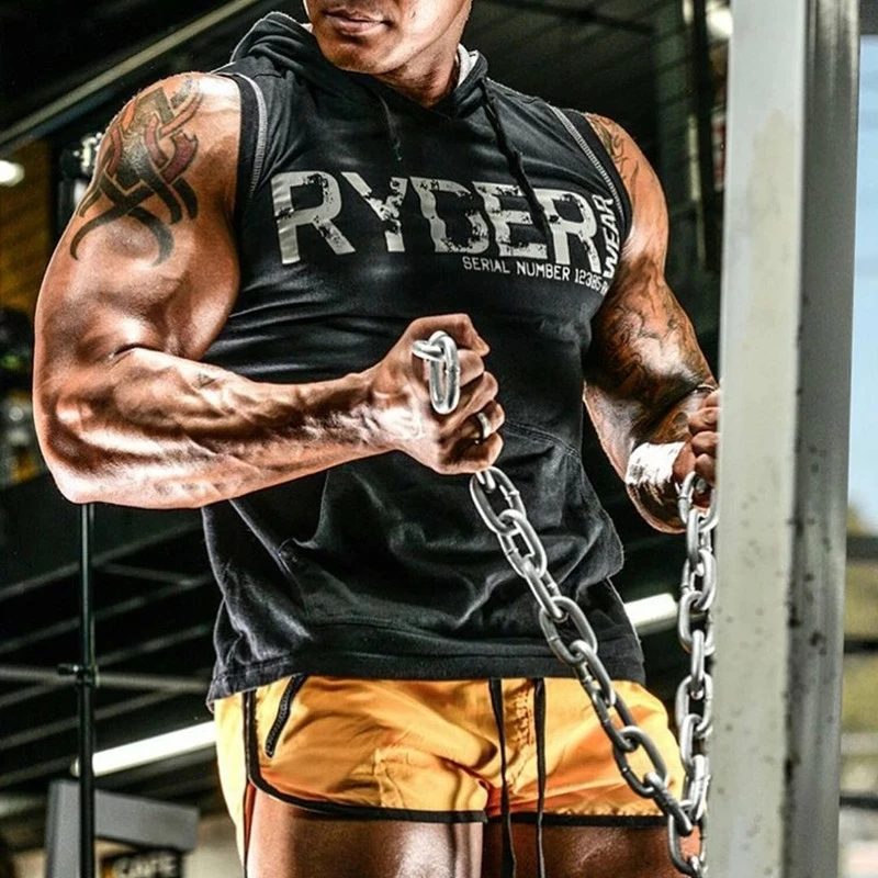 2021 Mens summer sleeveless Hoodies mens fitness fashion Casual jacket Hooded Sweatshirts Bodybuilding Brand sportswear clothing