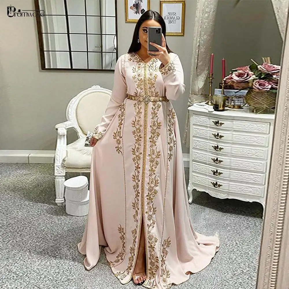 

Robe Caftan Marocaine Evening Dresses Long Sleeves with Embroidery A-Line Satin Dubai Arabic Formal Prom Gown Robe De Soirée