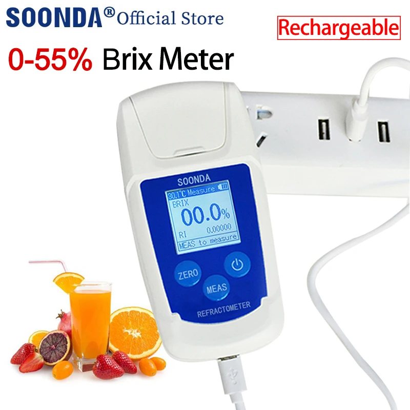 

0-55% Rechargeable Digital Refractometer Brix Meter Saccharimeter Densimeter for Fruit Juice Drinks Beverage Sugar Meter Tester