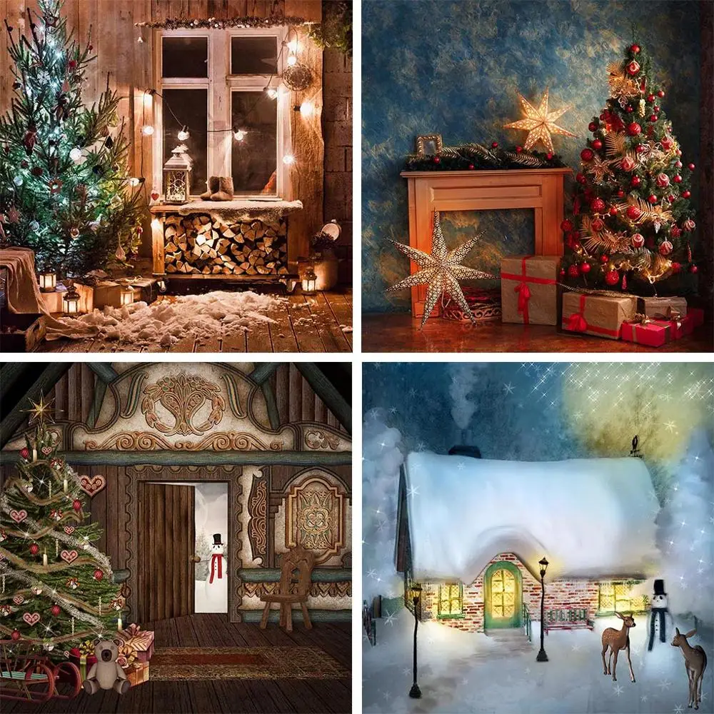 Avezano Backdrops Merry Christmas Tree Fireplace Gifts Stars Lights Toy Bear Photography Background Photo Studio Photocall Decor