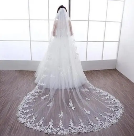 Wit/Ivoor Kathedraal Lange Bridal Veil Een Layer Bruiloft Sluier Kant Bruiloft Sluier