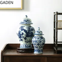 Blue and White Ceramic General Jar with Lid Decorative Ornaments Dried Flowers Flower Arrangement Accessories Home Decoration