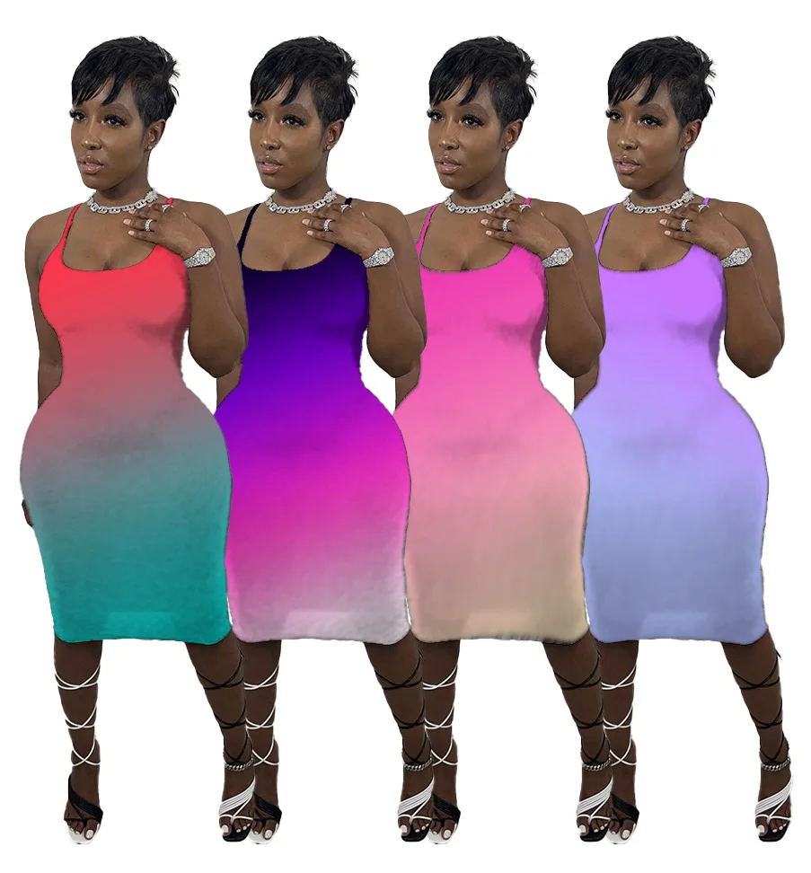 

SKMY Summer Clothes For Women Fashion Multi-Color Gradient Spaghetti Strap Sleeveless Bodycon Dress Party Sexy Club Outfits