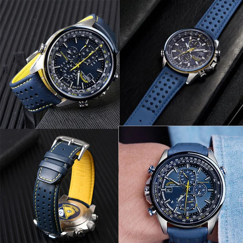 Bracelet de montre en cuir de vache pour hommes, 22mm, 23mm, série CITIZEN Blue Angel Generation, AT8020-54L, AT8020-03L