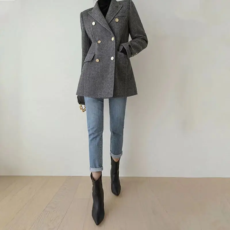 Korean Style Women Gray Woolen Suit Coats Autumn Winter Thicken Slim Jackets Fashion Female Mid Length Outerwear