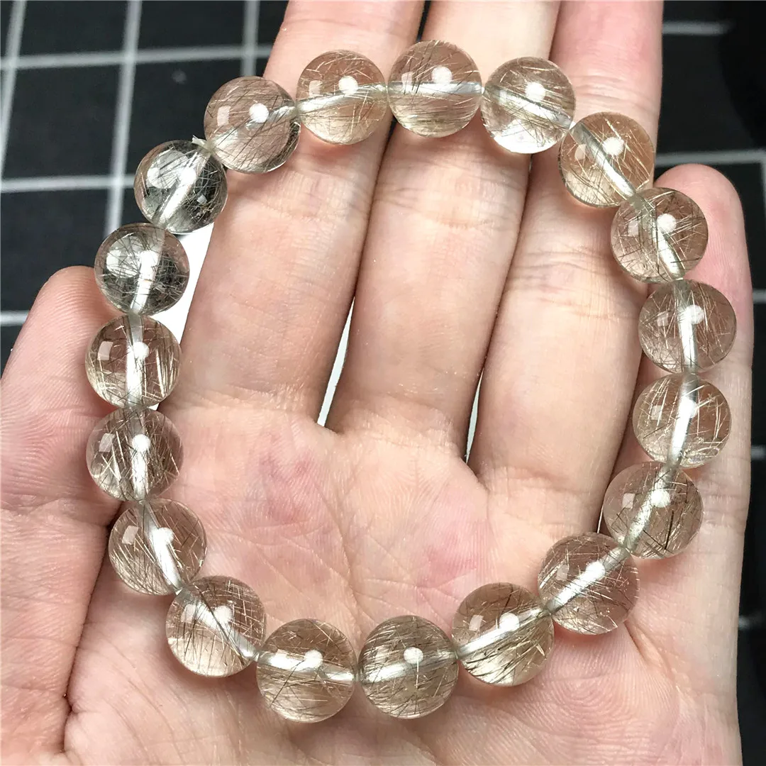 10mm Natural Silver Brookite Platinum Rutilated Quartz Bracelet Jewelry For Woman Man Wealth Healing Crystal Beads Strands AAAAA