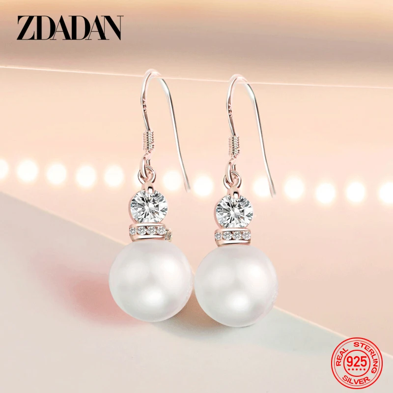 

ZDADAN 925 Sterling Silver Zircon Crown Pearl Earrings For Women Jewelry Fashion Gift