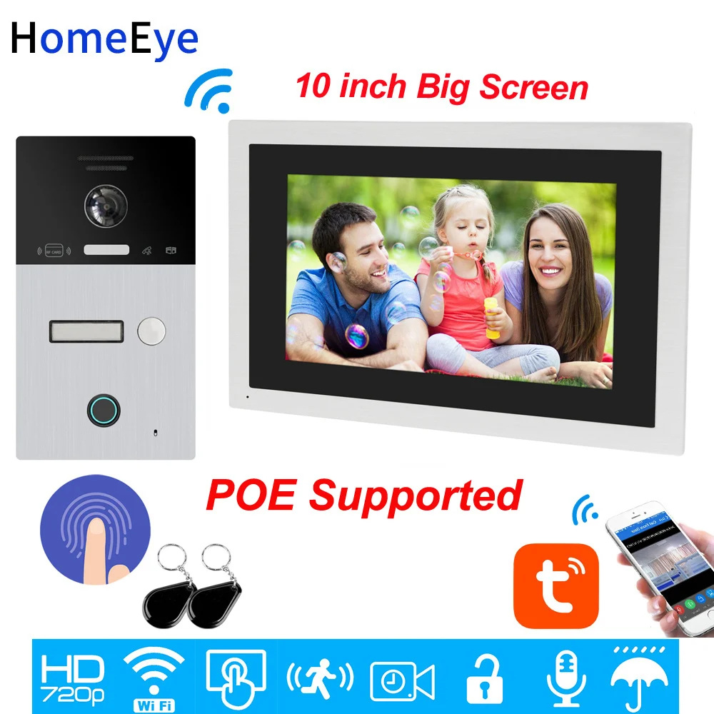 

10inch WiFi Video Intercom IP Video Door Phone TuyaSmart App Remote Unlock Code Keypad+RFID Card+Fingerprint Home Access Control