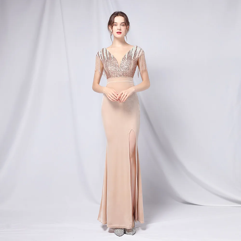 

2022 Sequins Elegant V Neck Velour Evening Dresses Women Short Sleeve Robe Vestidos Beads Mermaid Slit Party Prom Dress RU50