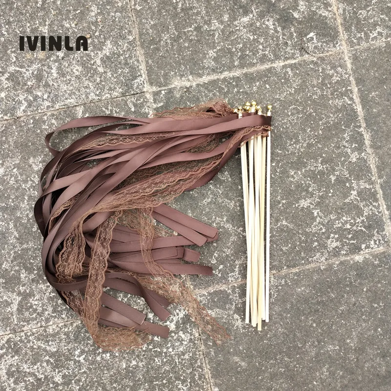 

50pcs/lot brown lace wedding wands with gold bell for wedding decoration
