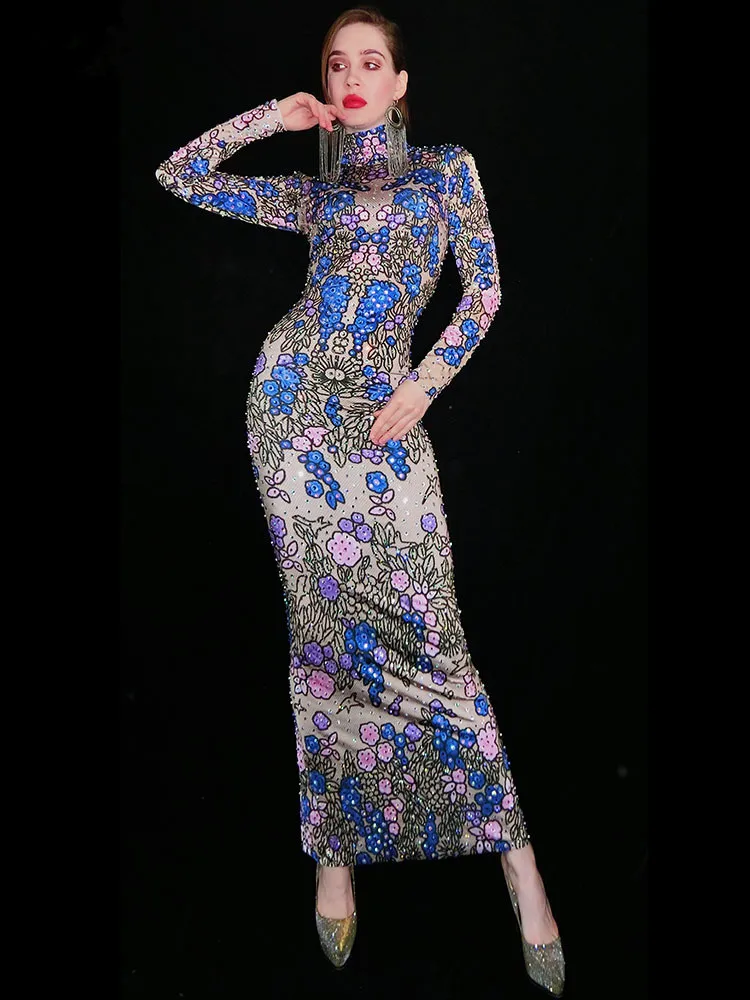 ผู้หญิงดอกไม้แขนยาวชุดประกายไรน์สโตนแฟชั่นวันเกิดฉลองชุดราตรีนักร้องคอนเสิร์ตเซ็กซี่เครื่องแต่งกายบนเวที