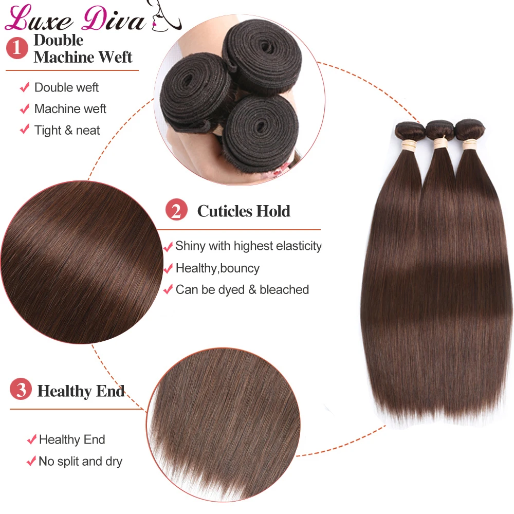 Bundel Jalinan Rambut Manusia Lurus Cokelat Muda Ekstensi Rambut Manusia Brasil #4 Warna Coklat Muda Remy Jumlah Besar 1-4 Lot Luxe Diva