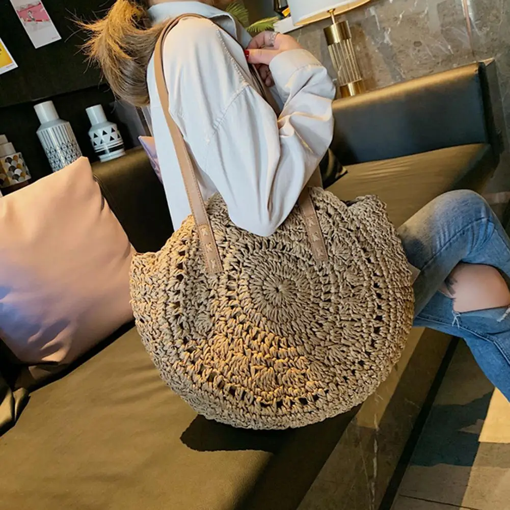 

Round Straw Beach Bag Reto Handmade Woven Shoulder Bag Large Capacity Bohemian Summer Shopping Travel Casual Bags