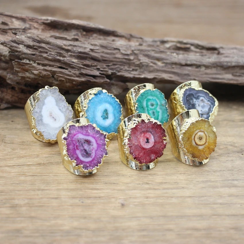 Natural Solar Quartz Gold Color Ring Healing Crystal Geode Druzy Drusy Adjustable Ring Women Fashion Jewelry Dropshipping,QC4038