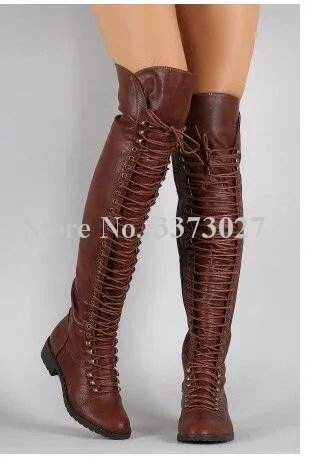 Lady Brown Leather Lace-up Flat Long Boots Fashion New Design Cross-tie Over the Knee Boots Women Large Size Casual Boots