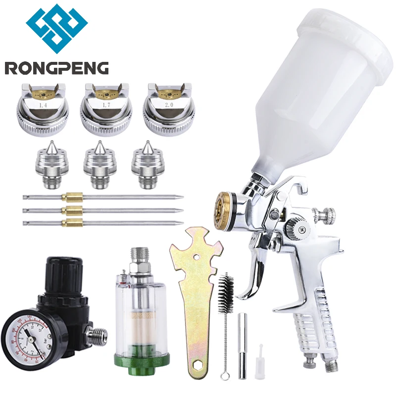 Professional HVLP Spay Gun 1.4/1.7/2.0mm Nozzle Gravity Airbrush +Pressure Regulator + Water And Oil Separator Set