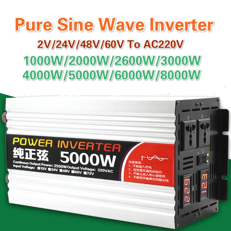 Pure Sine Wave Inverter 2000W 5000W 8000W Power Solar Car Inverter LED Display DC 12V 24V 48V 60V To AC 220V Voltage Converter