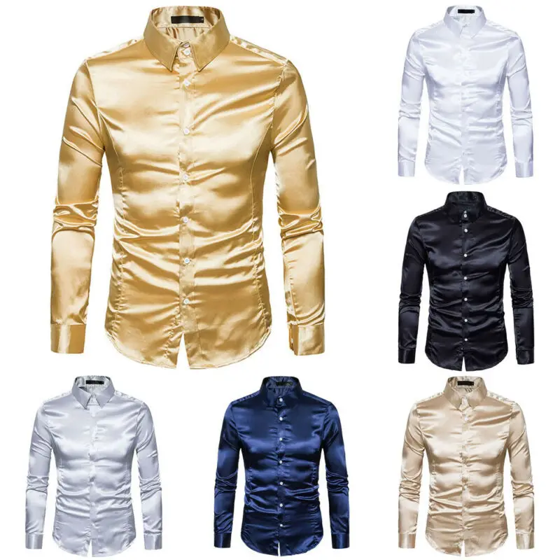 Plus size S-XXL Men Shirt Silk Satin Smooth Men Solid Tuxedo Business Shirt Men Casual Slim Fit Shiny Gold Wedding Dress Shirts